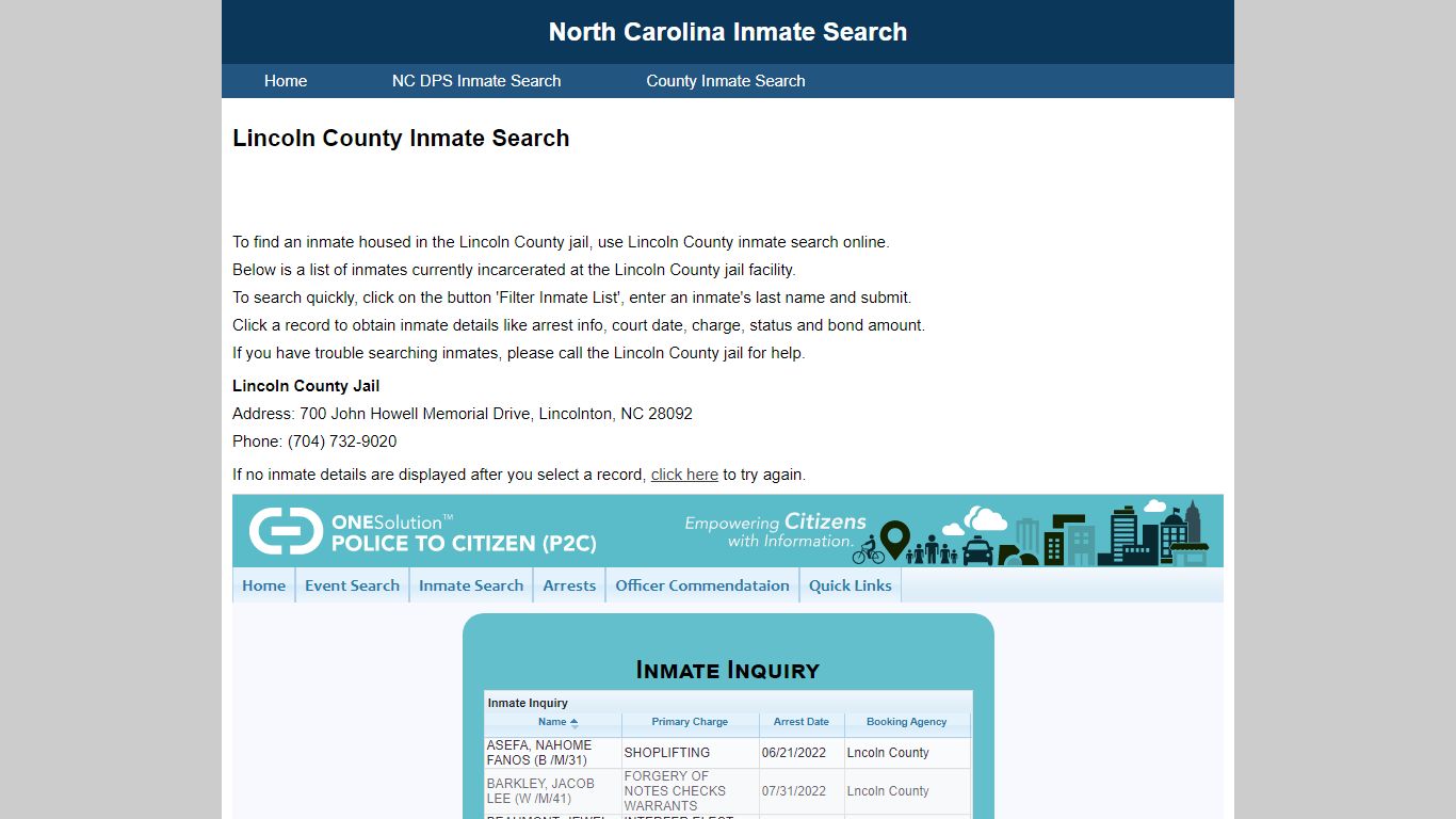 Lincoln County Inmate Search - North Carolina Inmate Search